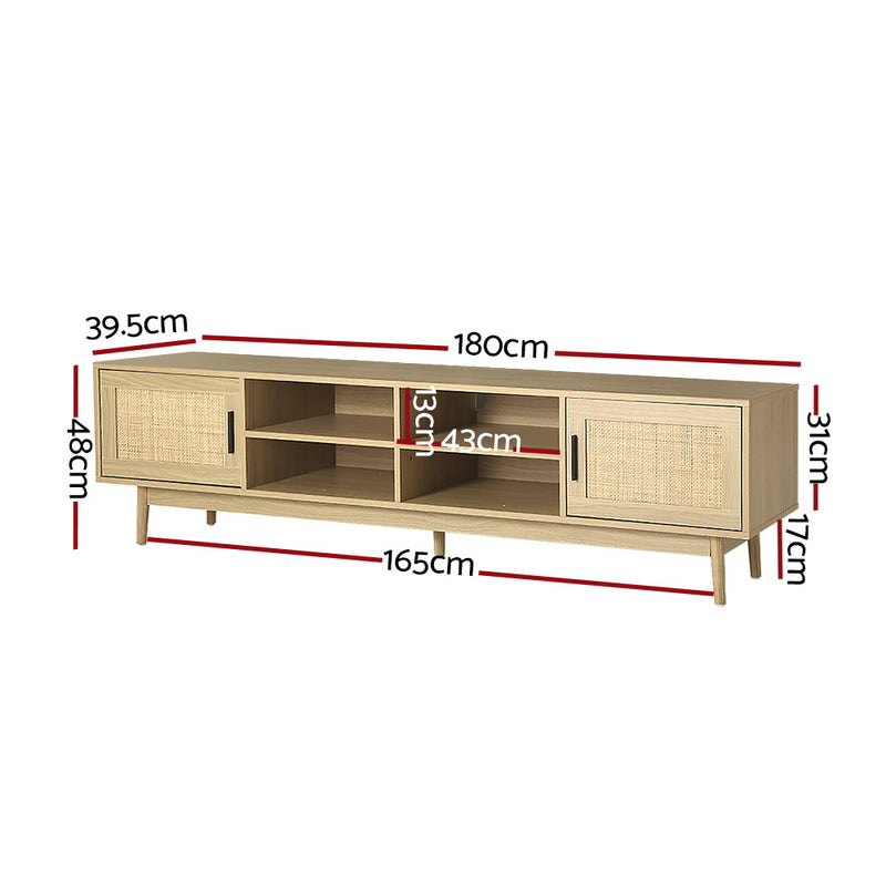 TV Cabinet Entertainment Unit Storage Cabinets Rattan Wooden 180CM with rattan doors and oak finish, measurements shown on white background