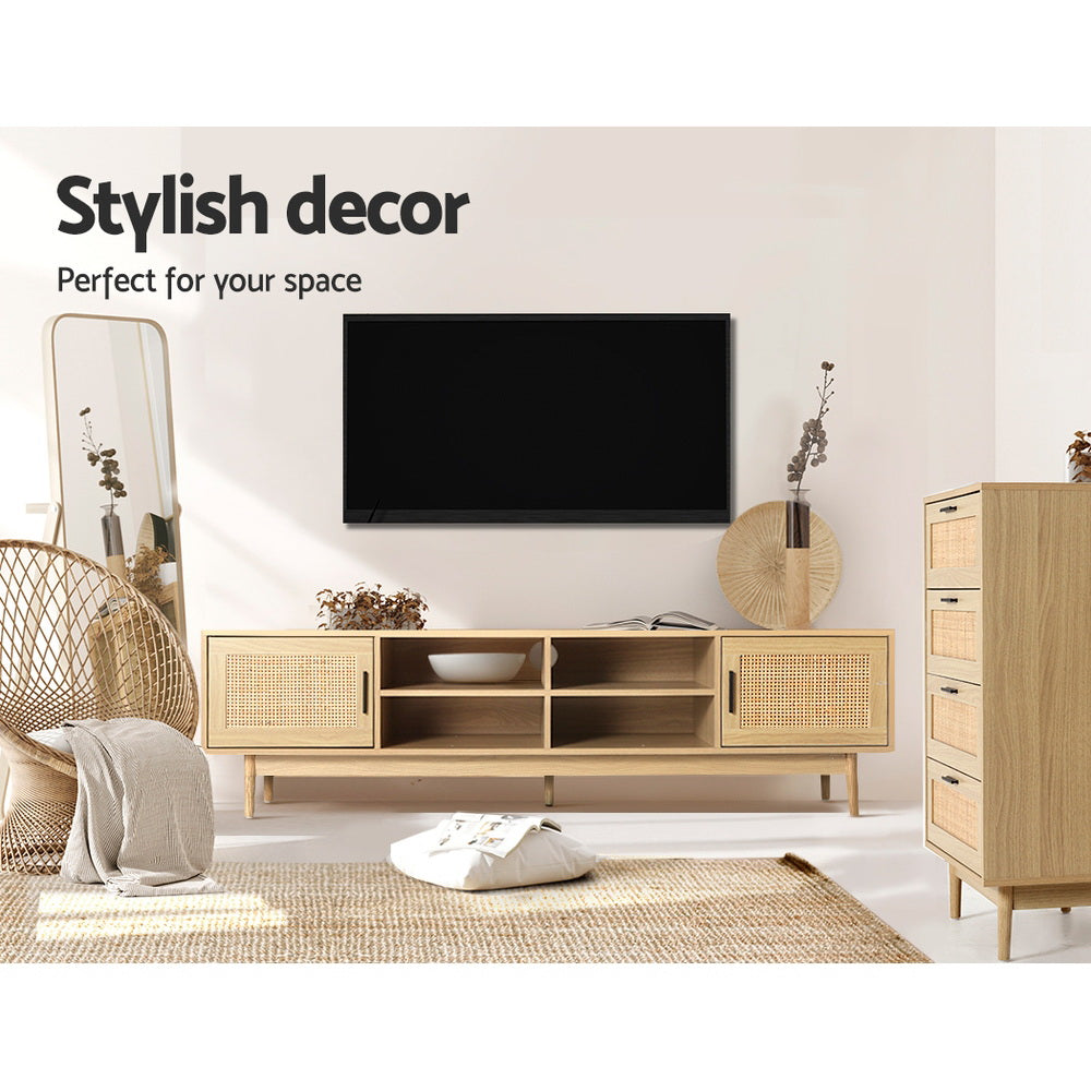 TV Cabinet Entertainment Unit Storage Cabinets Rattan Wooden 180CM with rattan doors and oak finish shown in modern living room setting