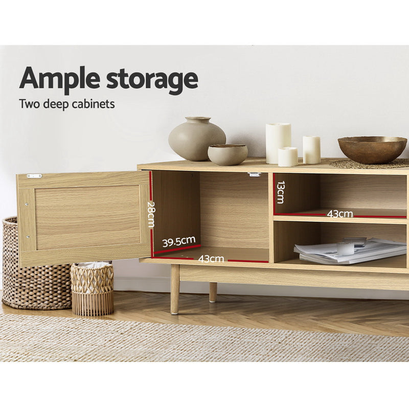 TV Cabinet Entertainment Unit Storage Cabinets Rattan Wooden 180CM with two deep storage cabinets and open shelving in oak finish