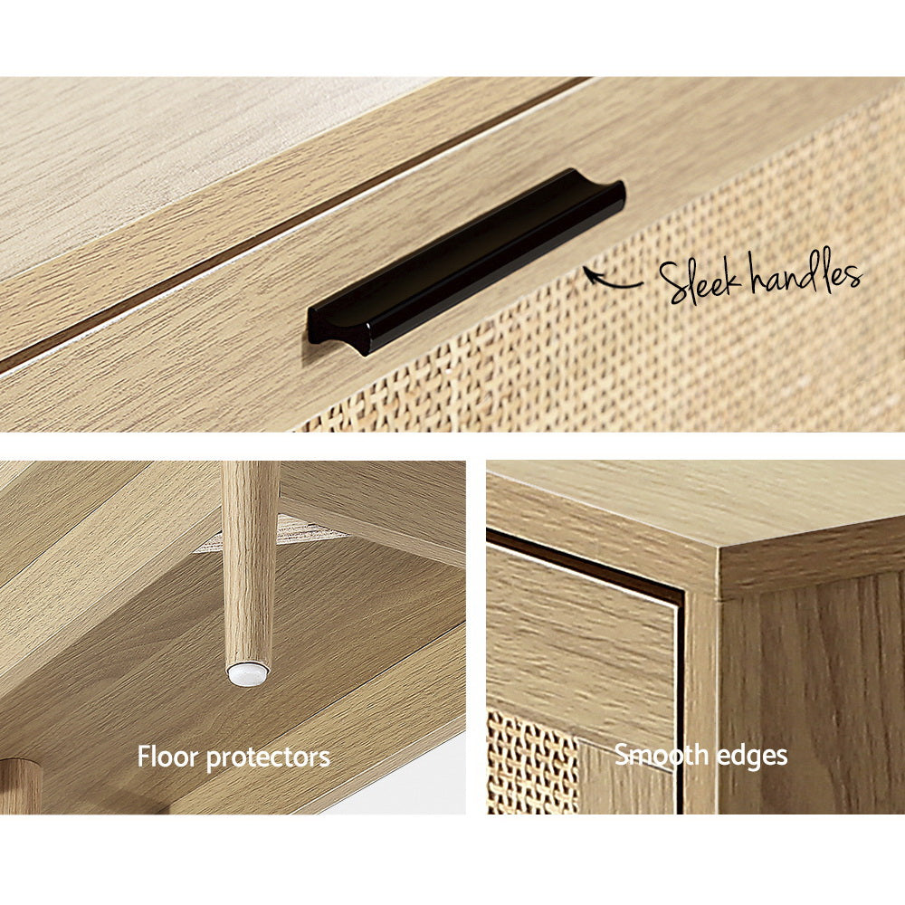 TV Cabinet Entertainment Unit Storage Cabinets Rattan Wooden 180CM with sleek handles, floor protectors, and smooth edges close-up details