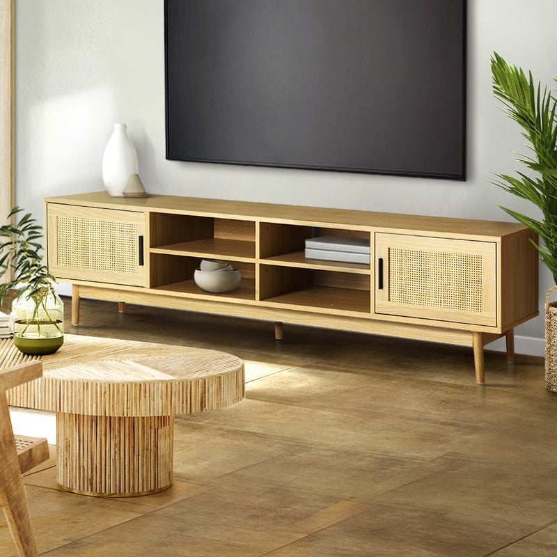 TV Cabinet Entertainment Unit Storage Cabinets Rattan Wooden 180CM with open shelves and rattan door panels in oak finish