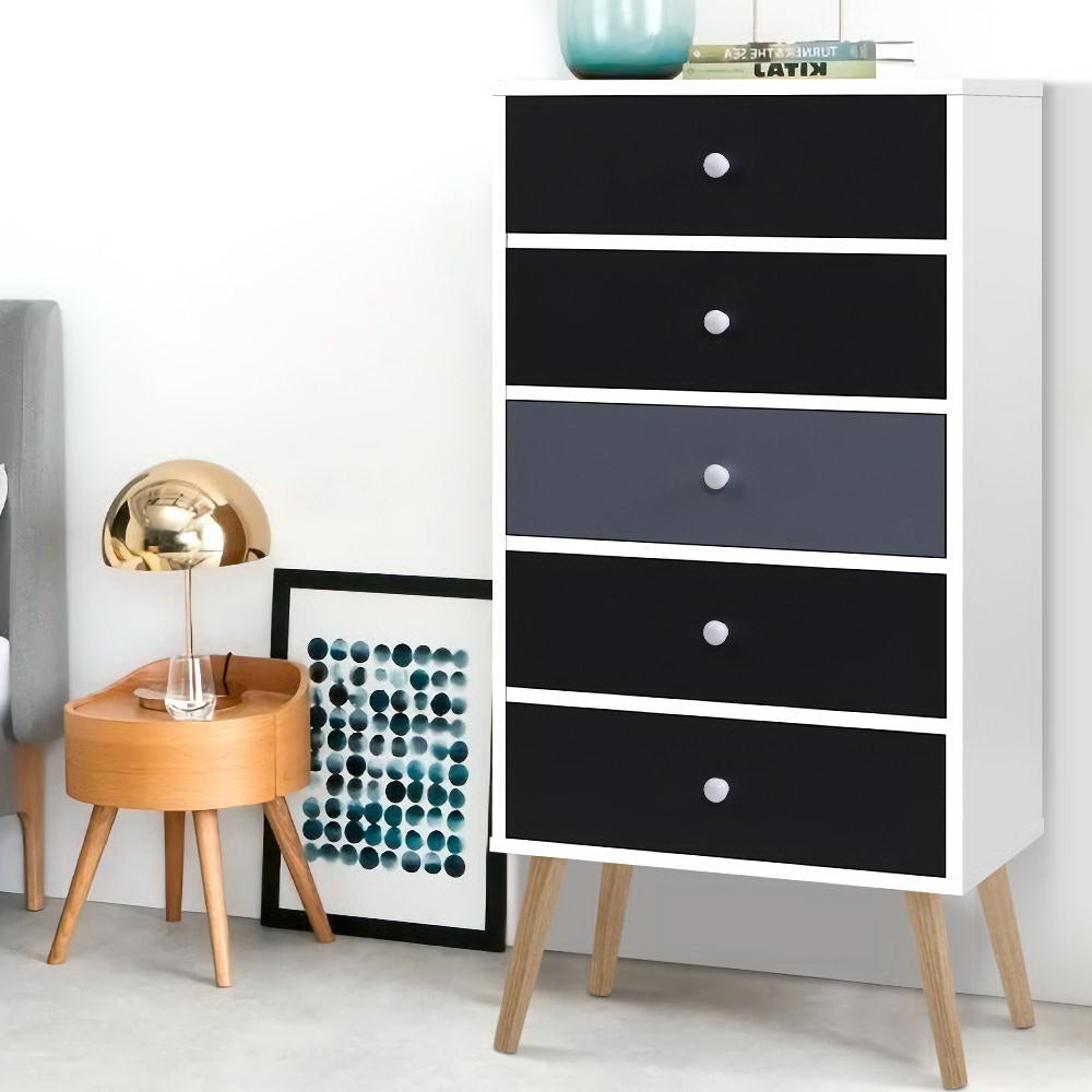 Chest of Drawers Dresser Table Tallboy Storage Cabinet Furniture Bedroom in black and gray drawers with wooden legs in modern room setting