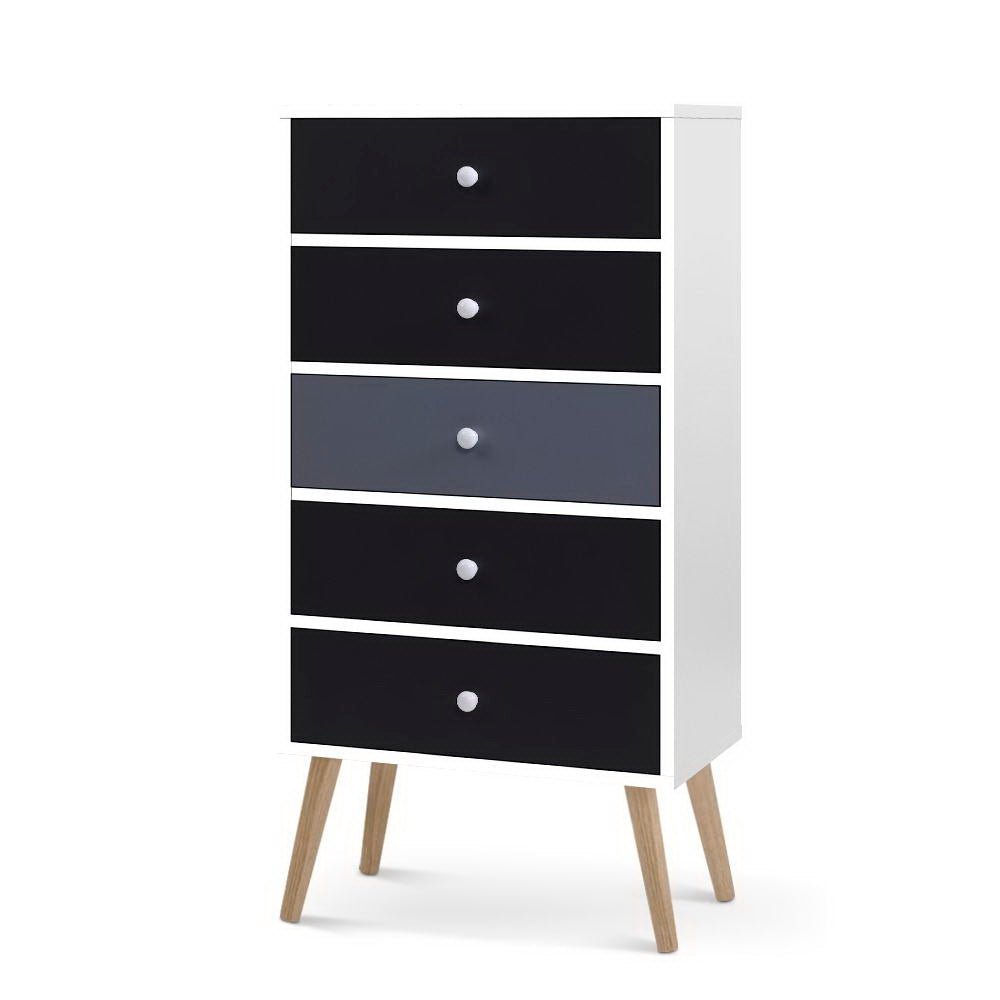 Chest of Drawers Dresser Table Tallboy Storage Cabinet Furniture Bedroom with black and gray drawers and wooden legs