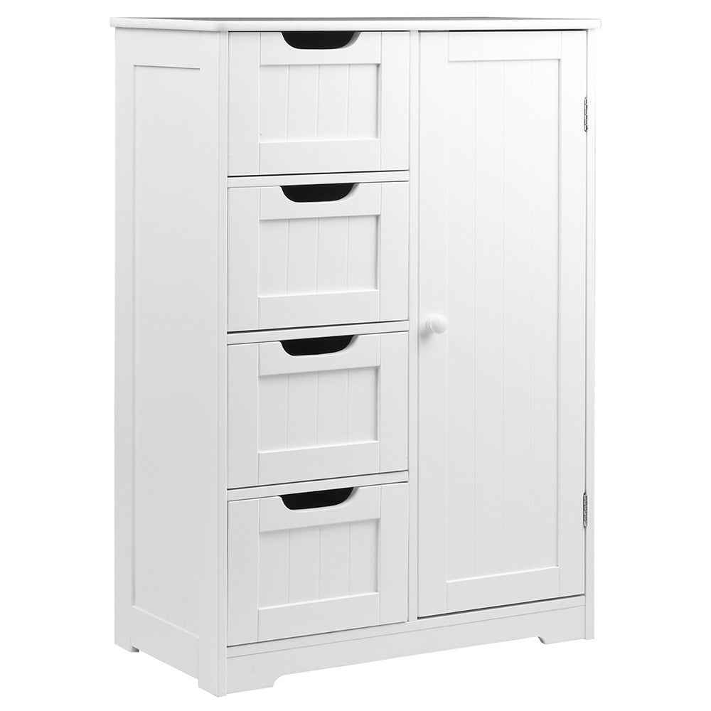 Bathroom Tallboy Storage Cabinet - White with four drawers and one door, made from durable MDF for bathroom or bedroom use