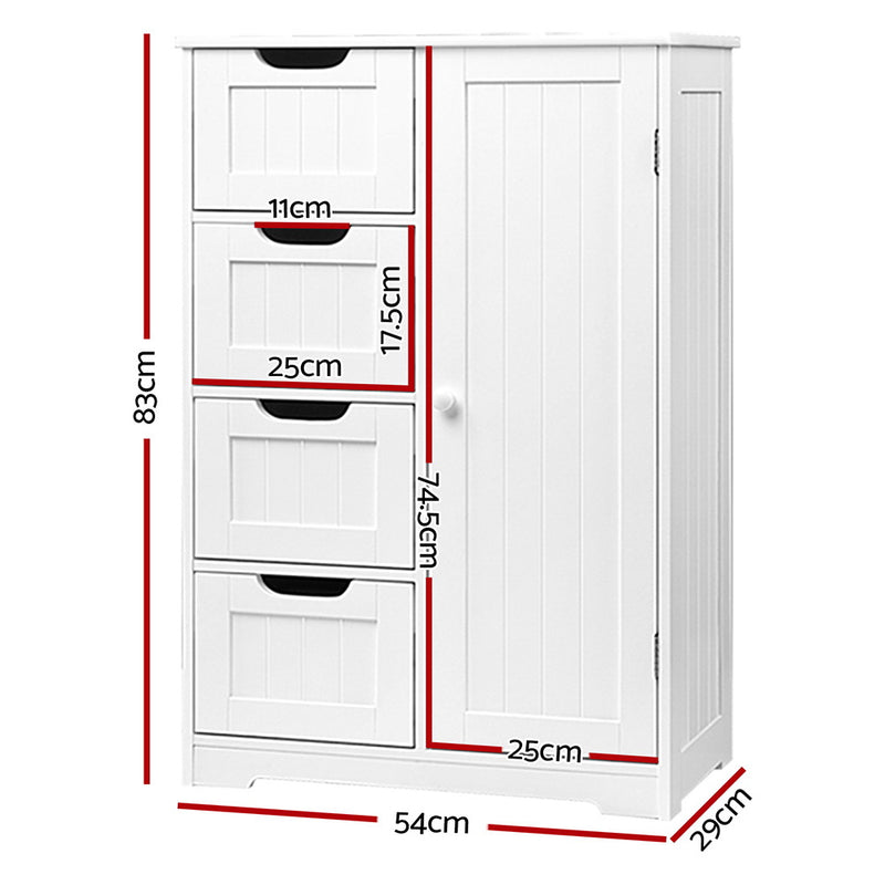 Bathroom Tallboy Storage Cabinet - White with four drawers, side door, and practical MDF construction for bathroom or bedroom furniture.