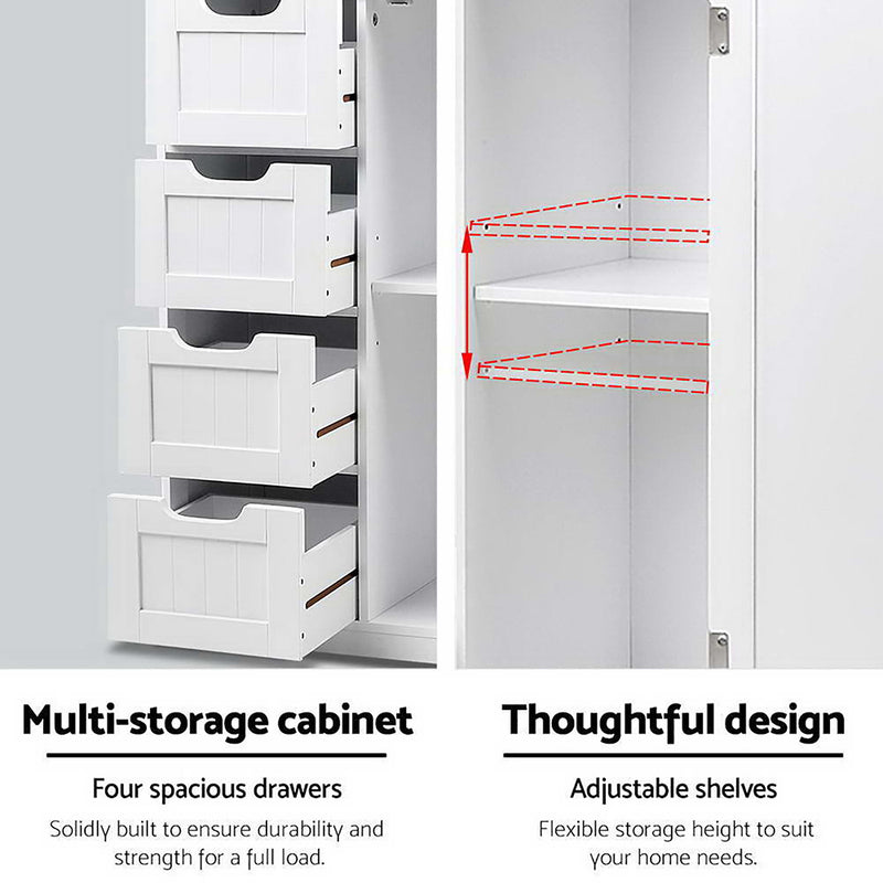 Bathroom Tallboy Storage Cabinet - White with four spacious drawers and adjustable shelves for versatile bathroom storage.