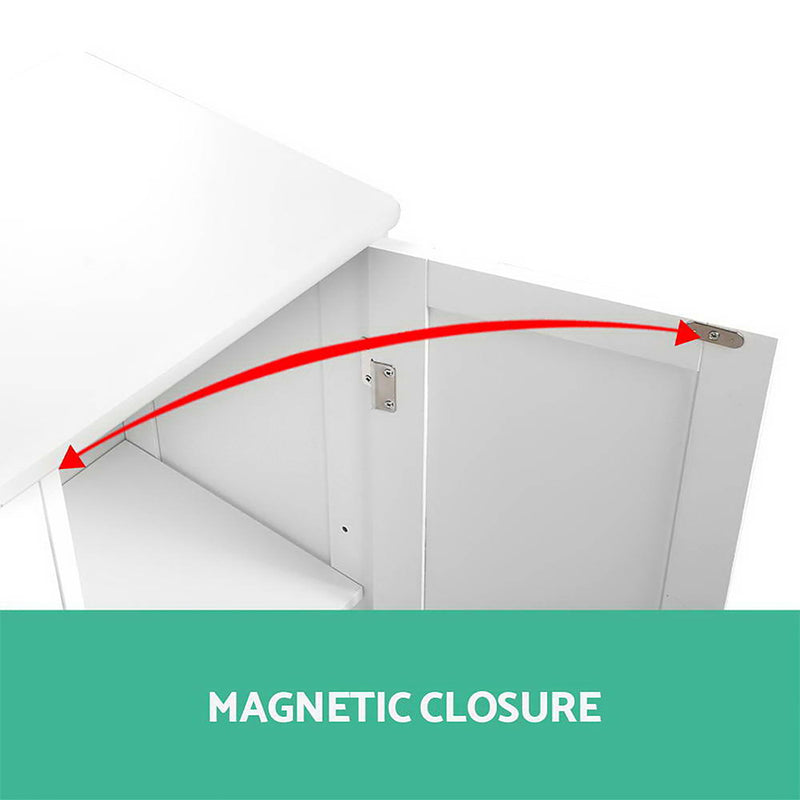 Bathroom Tallboy Storage Cabinet - White showing magnetic closure detail on the inside of the cabinet door