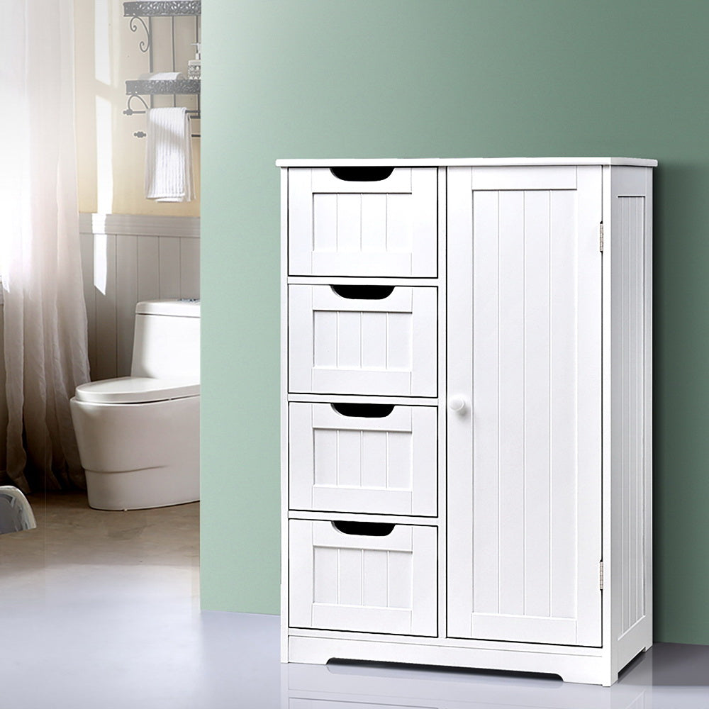 Bathroom Tallboy Storage Cabinet - White with four drawers and a cabinet door, standing against green wall in bathroom setting