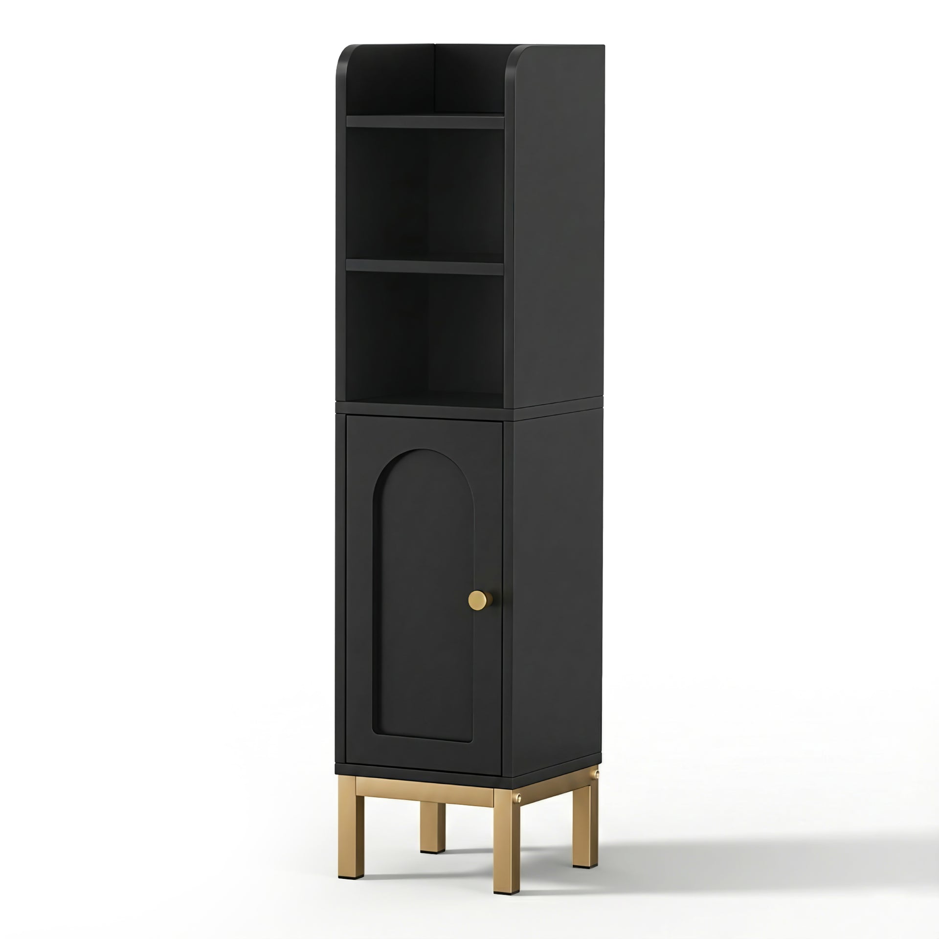 Bathroom Storage Cabinet Floor Organiser - Black with open shelves, closed door, and gold metal legs on white background
