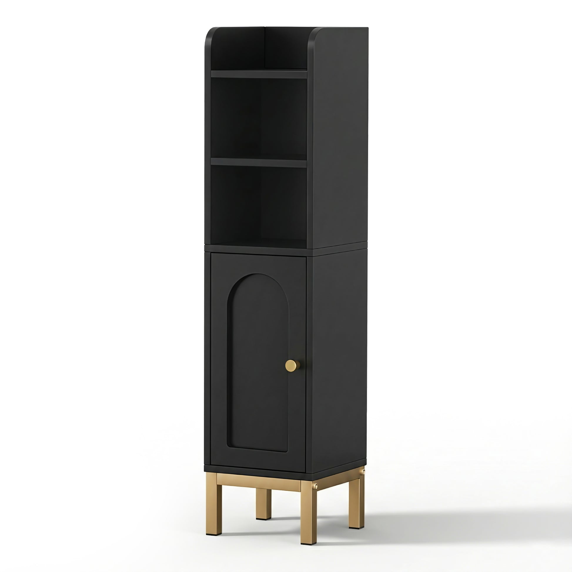 Bathroom Storage Cabinet Floor Organiser - Black with open shelves, closed door, and gold metal legs on white background