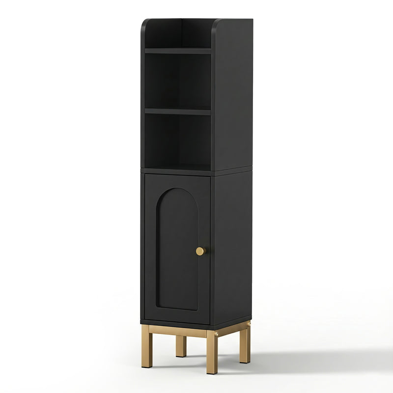 Bathroom Storage Cabinet Floor Organiser - Black with open shelves, closed door, and gold metal legs on white background