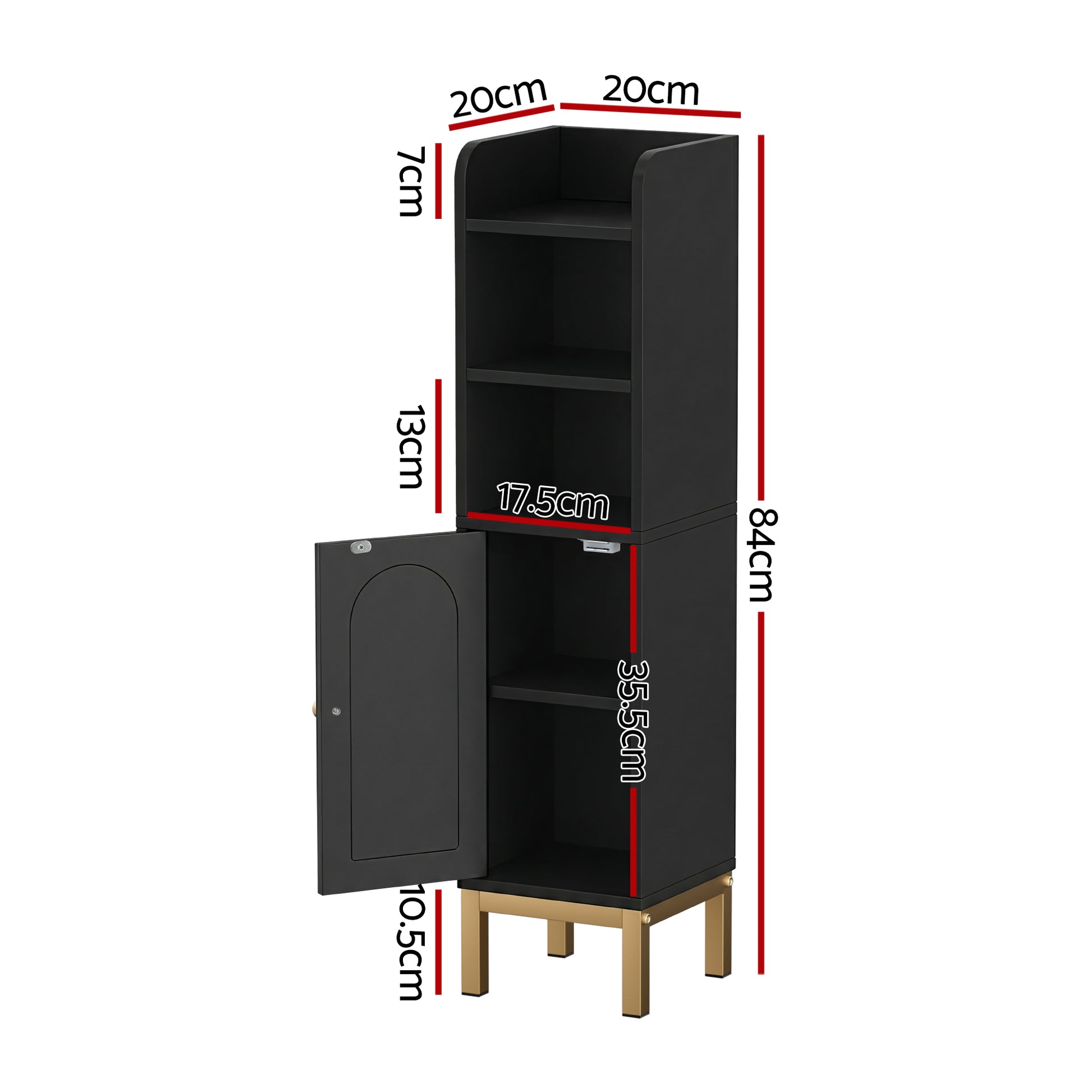 Bathroom Storage Cabinet Floor Organiser - Black with open shelving and closed storage, slim design on gold legs with dimensions shown