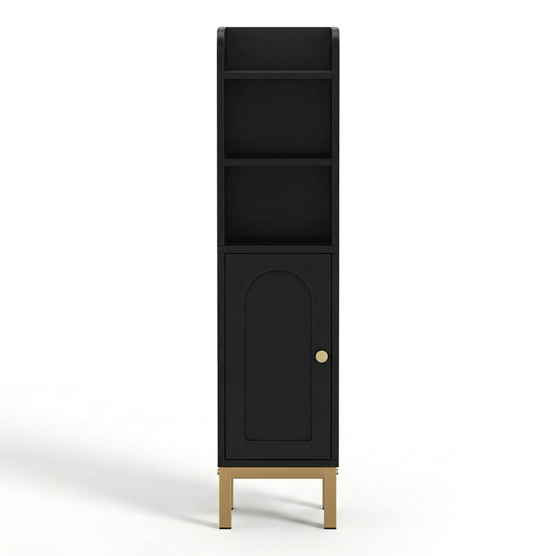 Bathroom Storage Cabinet Floor Organiser - Black with slim design, open shelves, single door, and gold-tone legs on white background