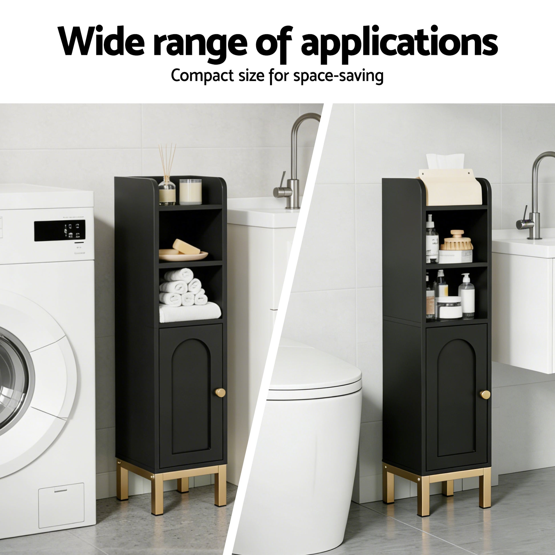 Bathroom Storage Cabinet Floor Organiser - Black with compact design, open shelves, and closed cabinet on gold legs in bathroom setting