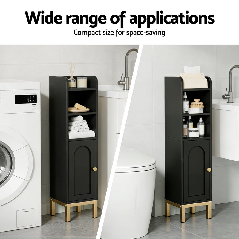 Bathroom Storage Cabinet Floor Organiser - Black with compact design, open shelves, and closed cabinet on gold legs in bathroom setting