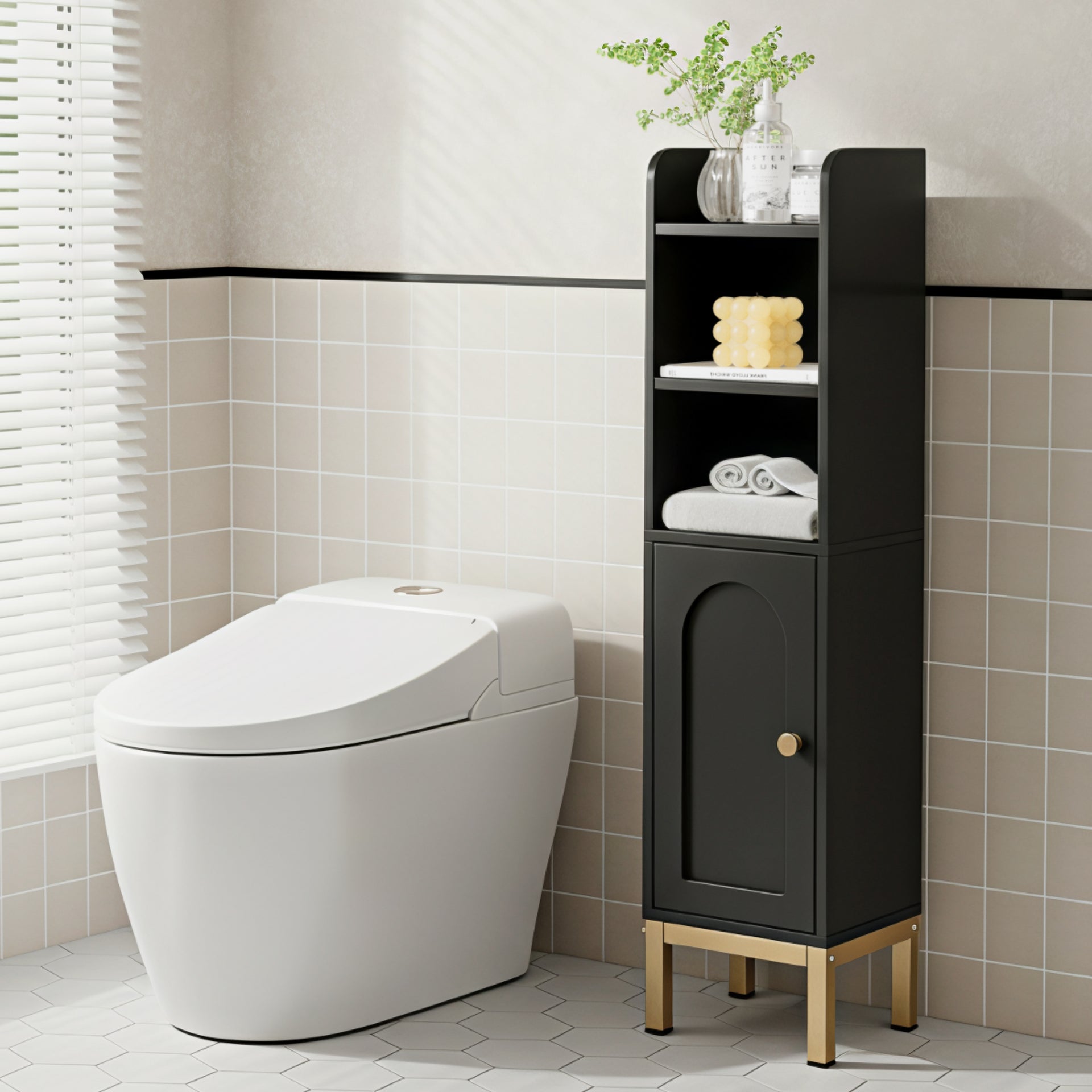 Bathroom Storage Cabinet Floor Organiser - Black with two open shelves, closed compartment, and gold legs beside modern white toilet