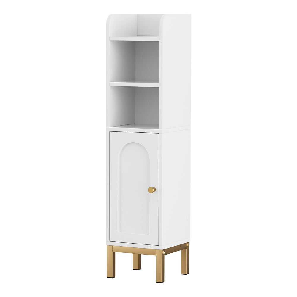 Bathroom Storage Cabinet Floor Organizer Toilet Corner Adjustable Shelf with Door White with gold legs and open shelving above door