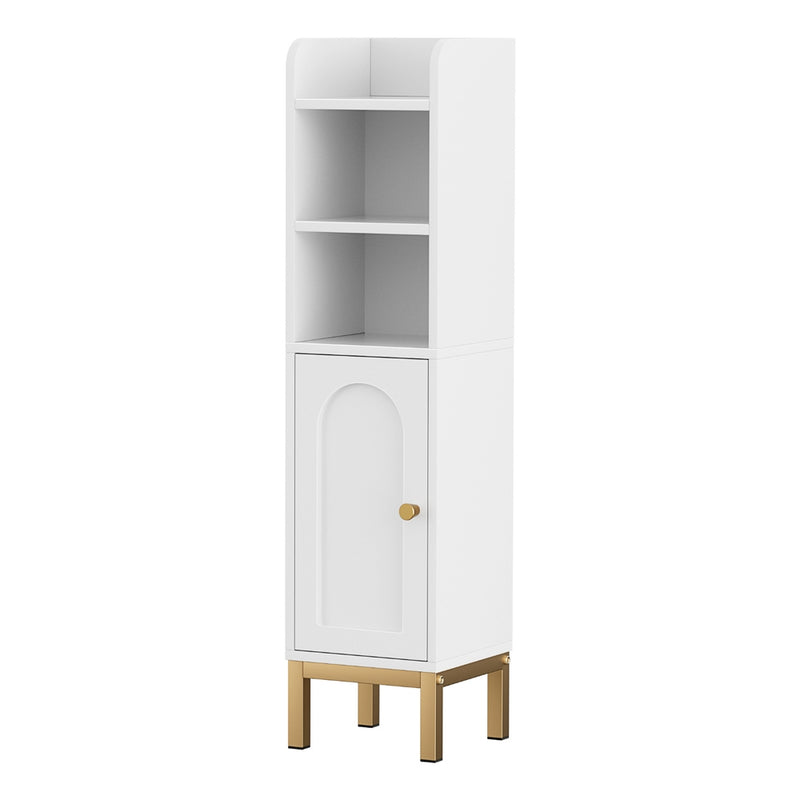 Bathroom Storage Cabinet Floor Organizer Toilet Corner Adjustable Shelf with Door White with gold legs and open shelving above door