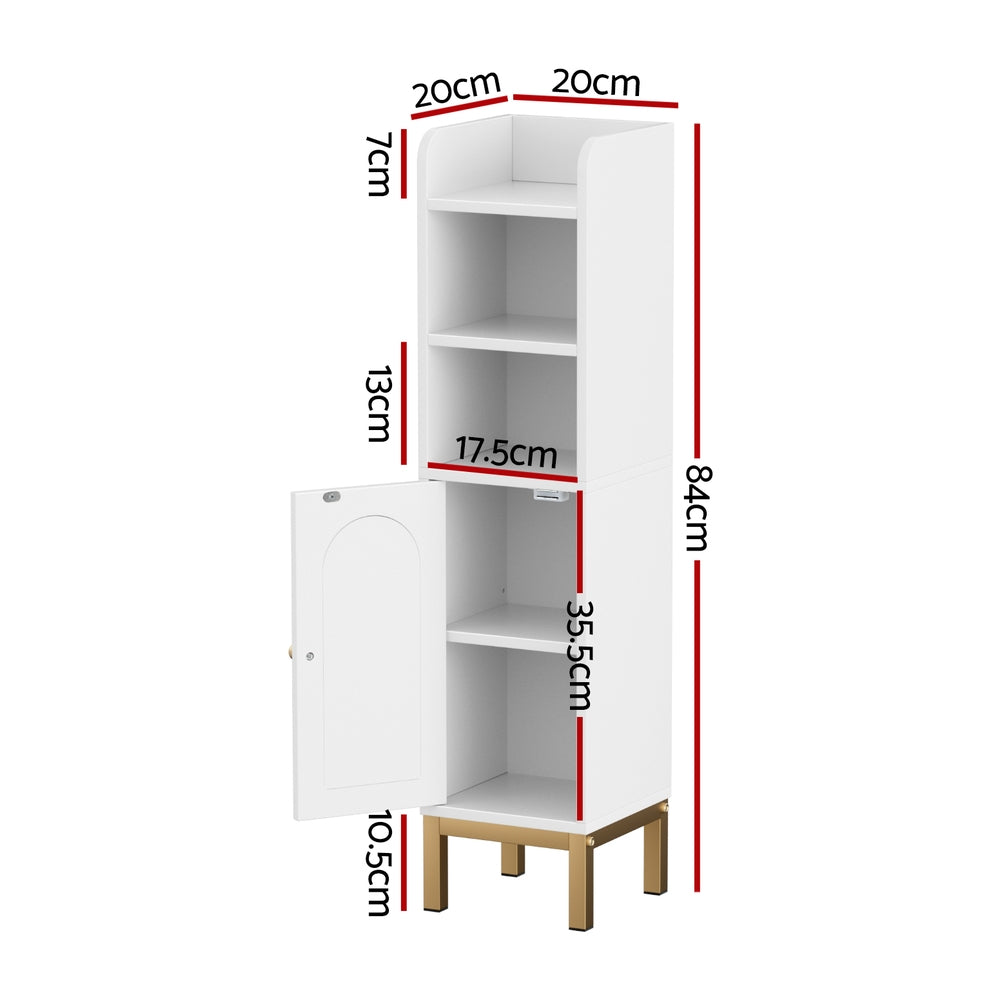 Bathroom Storage Cabinet Floor Organizer Toilet Corner Adjustable Shelf with Door White with shelves and open door showing interior dimensions