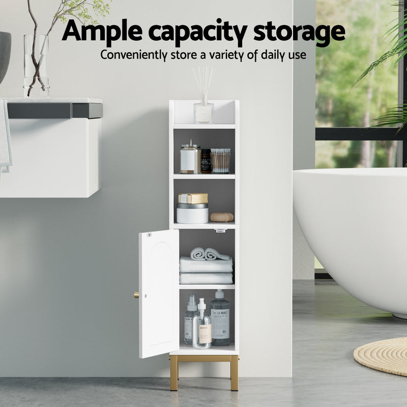 Bathroom Storage Cabinet Floor Organizer Toilet Corner Adjustable Shelf with Door White standing in modern bathroom with towels and toiletries inside