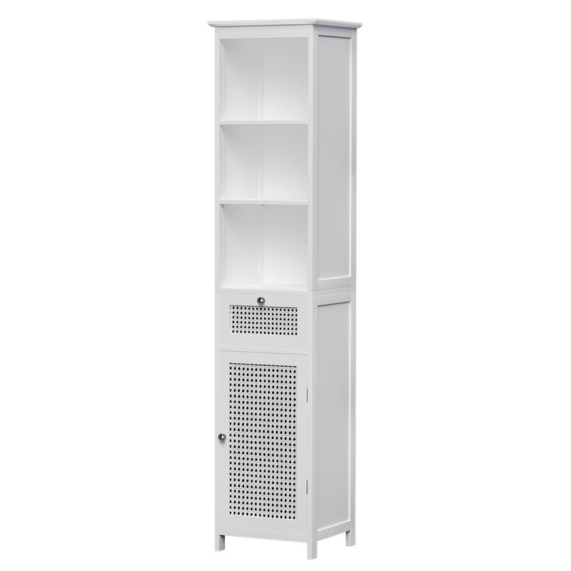 Bathroom Cabinet Storage 161cm White Rattan Tallboy Toilet Cupboard with open shelves, drawer, and louvered door design