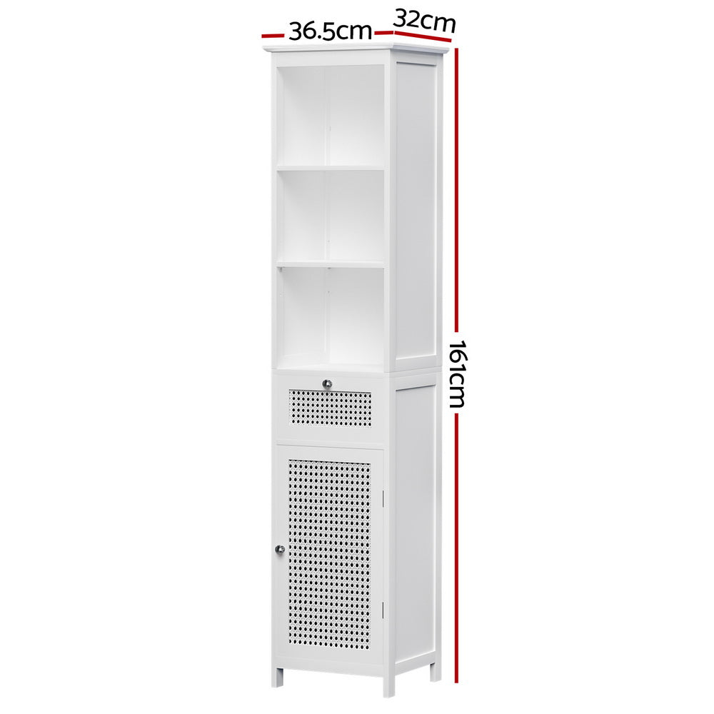 Bathroom Cabinet Storage 161cm White Rattan Tallboy Toilet Cupboard with shelves, drawer, and ventilated door in white finish