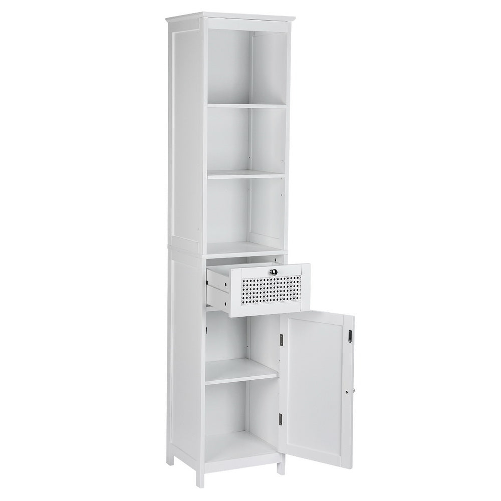 Bathroom Cabinet Storage 161cm White Rattan Tallboy Toilet Cupboard with open shelves, drawer, and lower cabinet door.