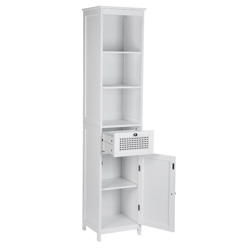 Bathroom Cabinet Storage 161cm White Rattan Tallboy Toilet Cupboard with open shelves, drawer, and lower cabinet door.