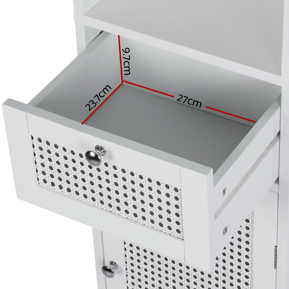 Bathroom Cabinet Storage 161cm White Rattan Tallboy Toilet Cupboard with open drawer showing interior dimensions and round metal handle