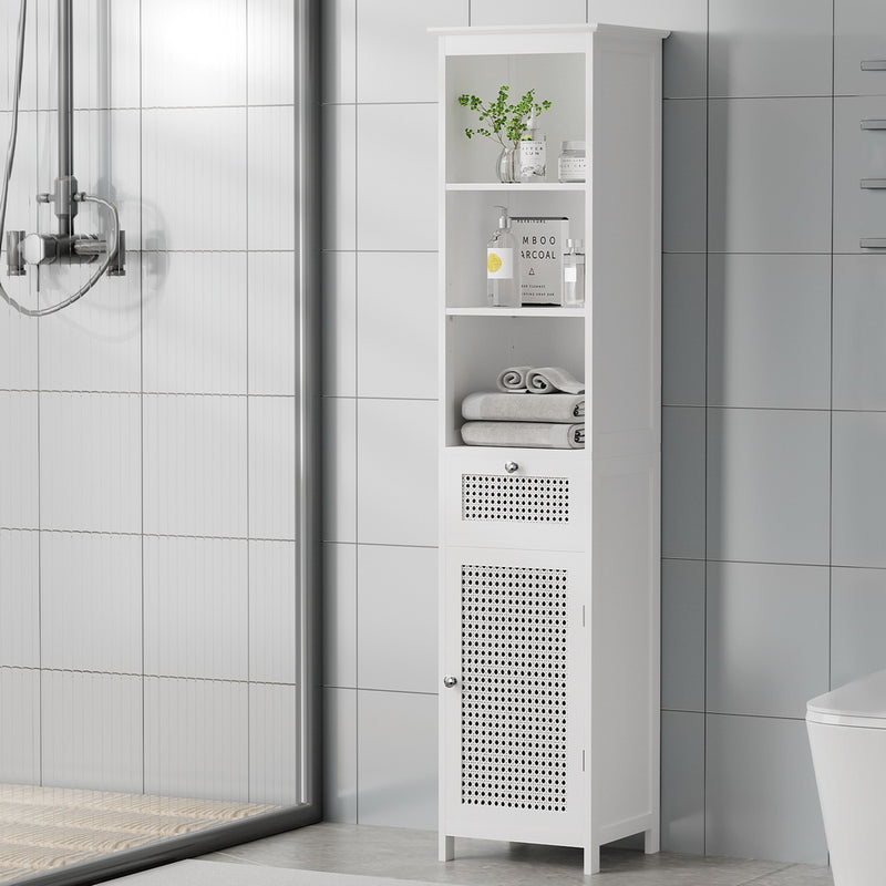 Bathroom Cabinet Storage 161cm White Rattan Tallboy Toilet Cupboard with drawer and shelves in a tiled bathroom setting