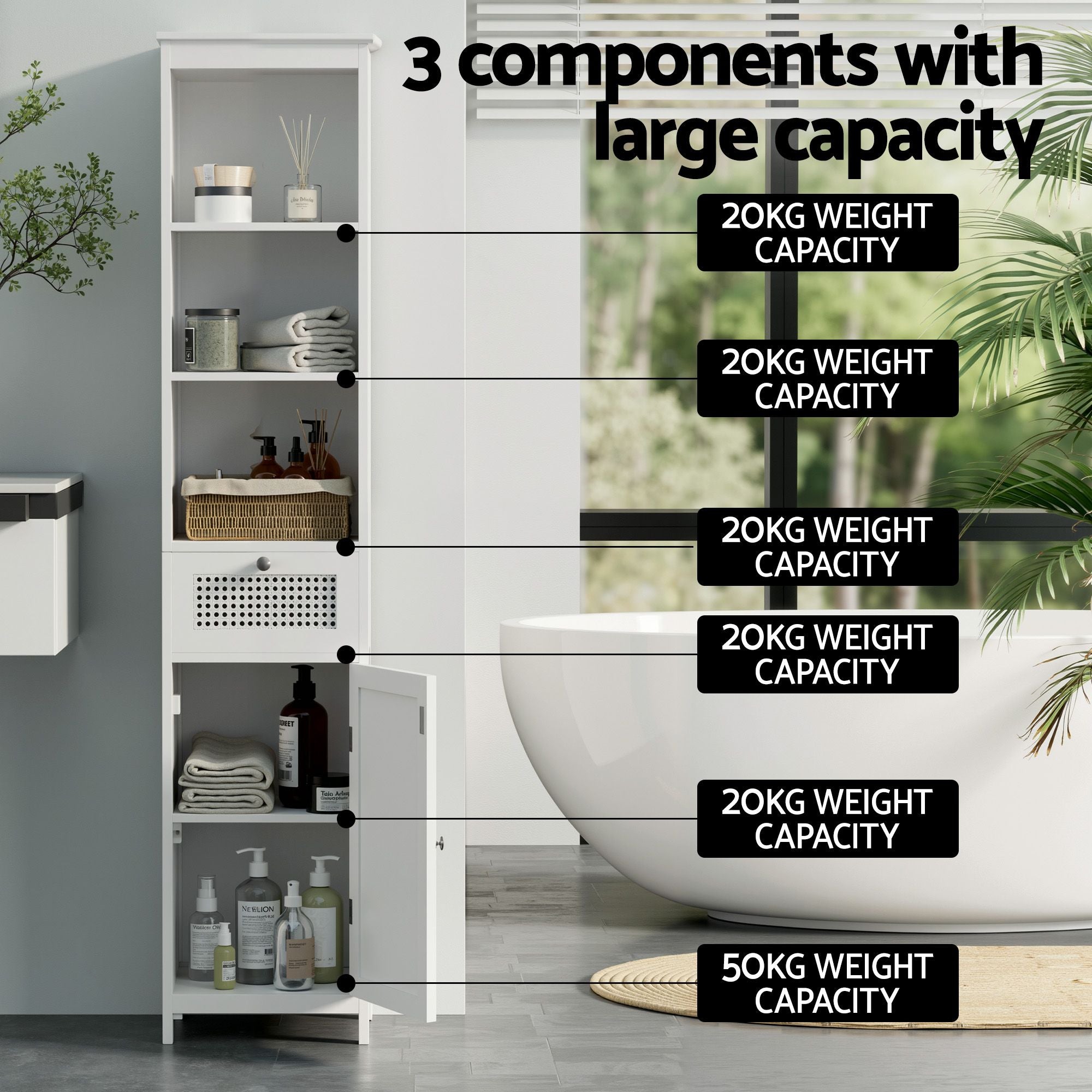 Bathroom Storage Cabinet x2 with Rattan Doors 161cm - White