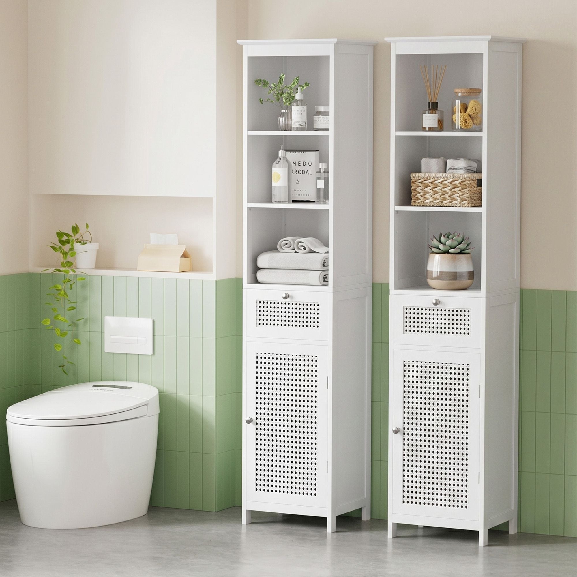 Bathroom Storage Cabinet x2 with Rattan Doors 161cm - White