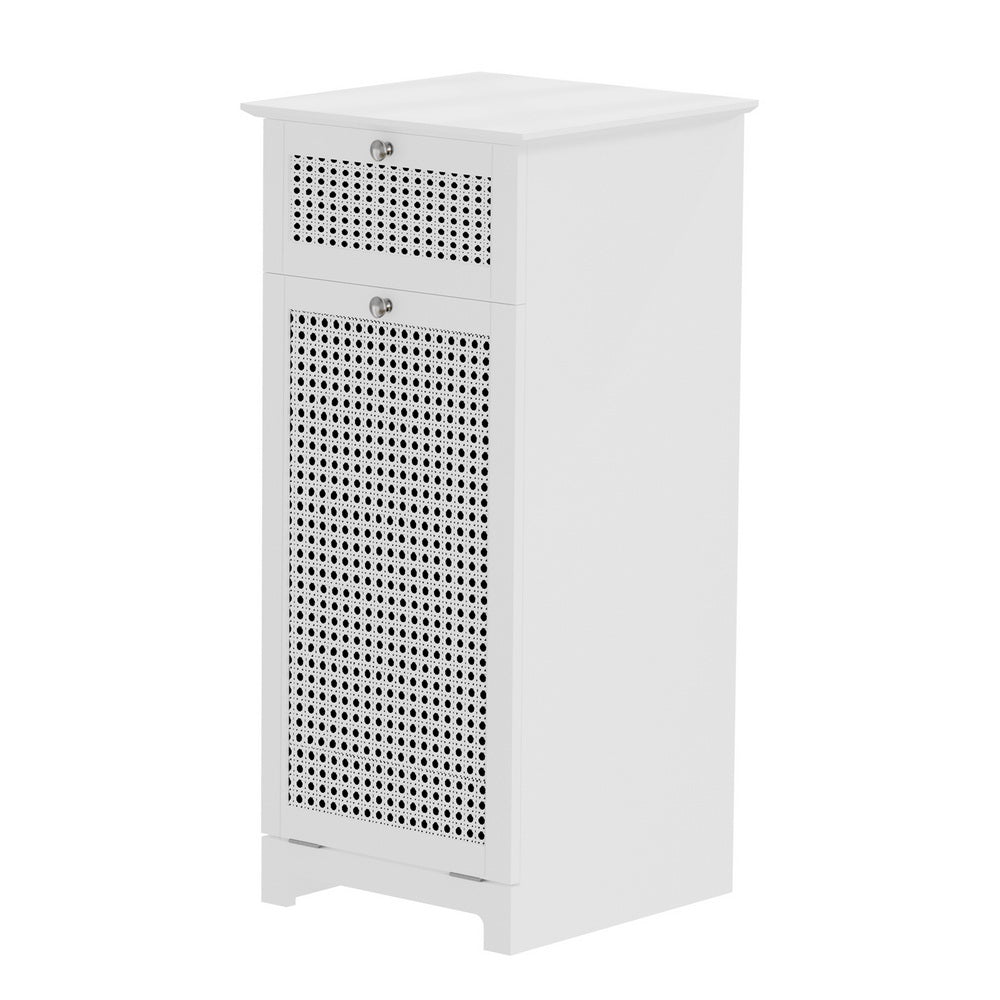 Laundry Hamper Cabinet Bathroom Storage White Rattan Clothes Basket with drawer and tilt-out door in white finish on white background.