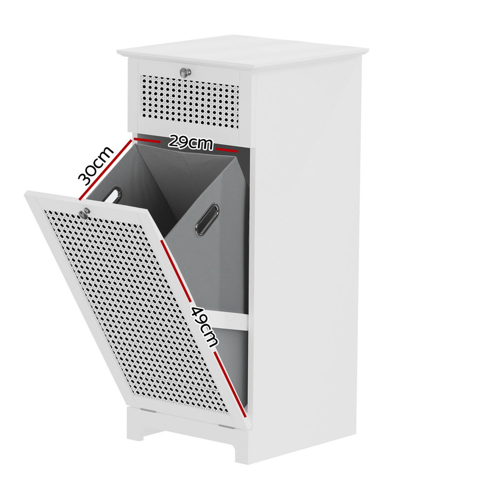 Laundry Hamper Cabinet Bathroom Storage White Rattan Clothes Basket with drawer and tilt-out laundry bin in white finish