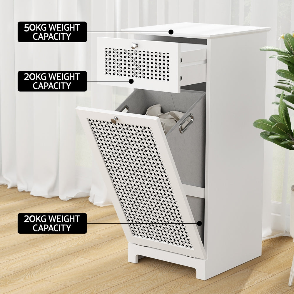 Laundry Hamper Cabinet Bathroom Storage White Rattan Clothes Basket with tilt-out bin and drawer, white rattan details on wooden floor