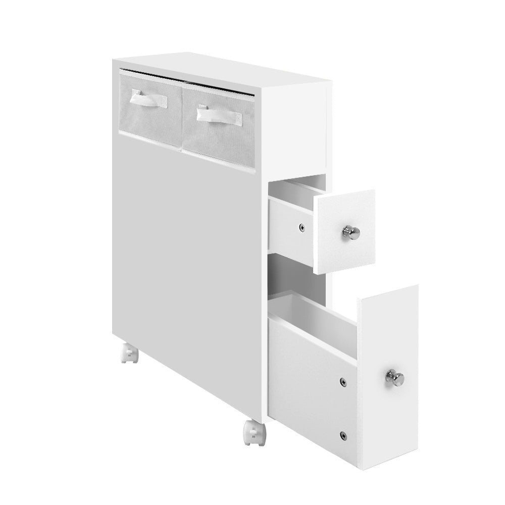 Bathroom Cabinet Storage Toilet Organiser with two fabric drawers, pull-out compartments, and caster wheels in white finish.