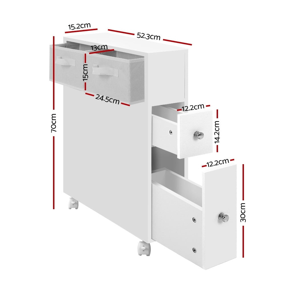 Bathroom Cabinet Storage Toilet Organiser with multiple drawers and fabric storage bins on wheels, shown with measurements.