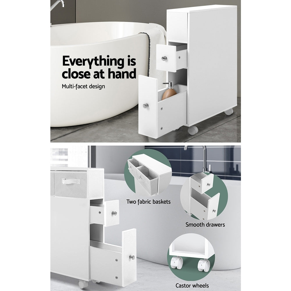 White Bathroom Cabinet Storage Toilet Organiser with multi-facet design, smooth drawers, fabric baskets, and castor wheels