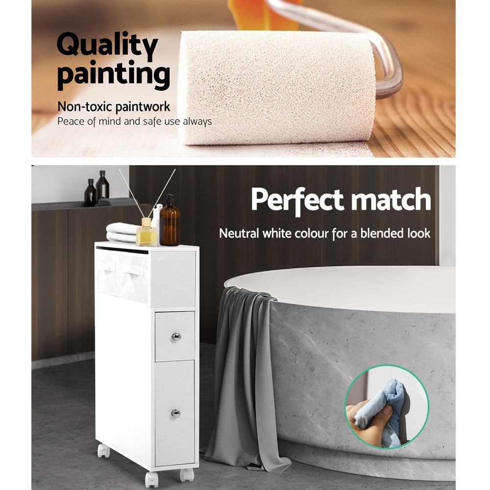 Bathroom Cabinet Storage Toilet Organiser in white with drawers and side storage, shown next to a gray bathtub with fabric drape.