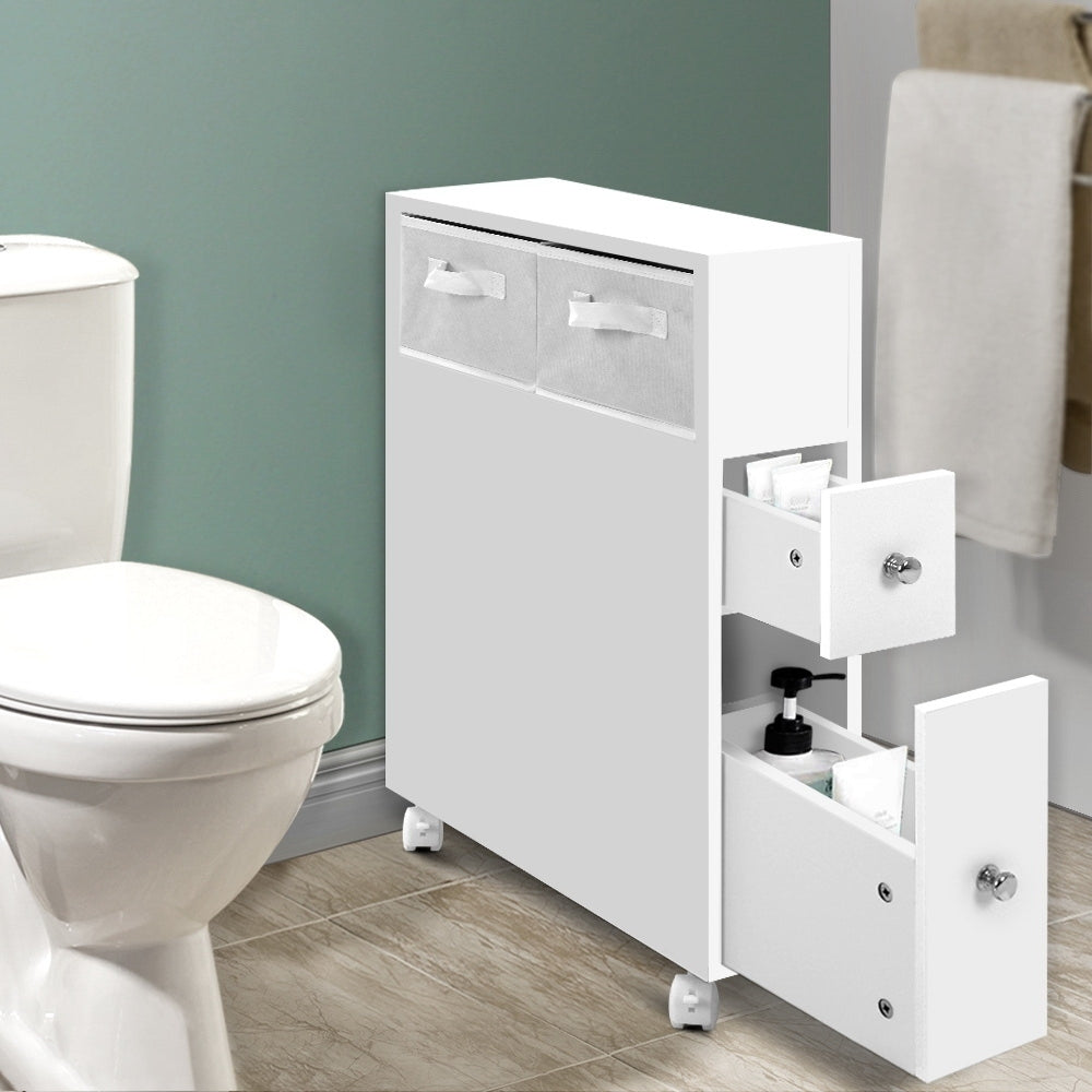 Bathroom Cabinet Storage Toilet Organiser with white frame, fabric drawers, and pull-out compartments beside a toilet on wheels