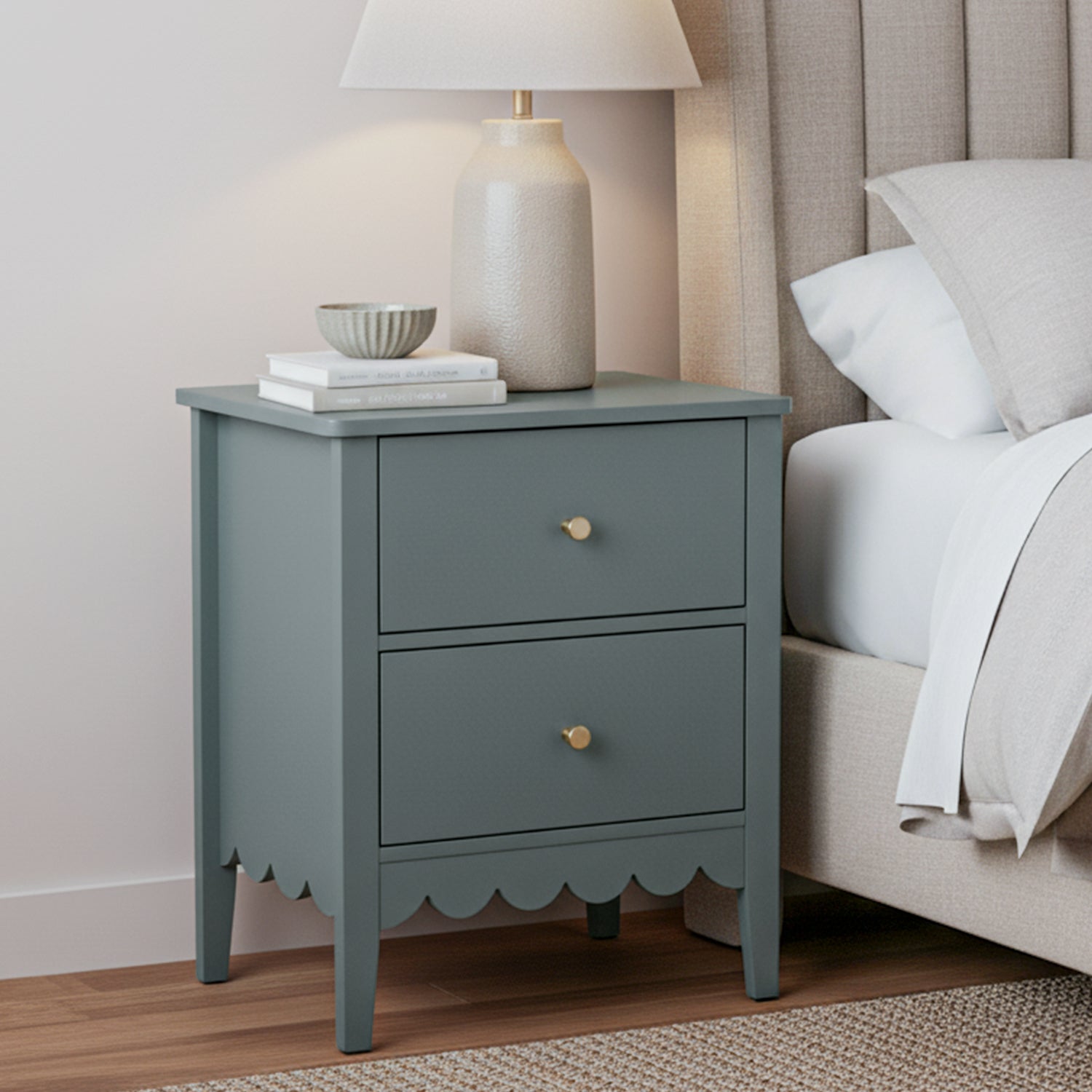 Bedside Table 2 Drawers Bedroom Storage Nightstand Green with gold handles next to beige upholstered bed and lamp