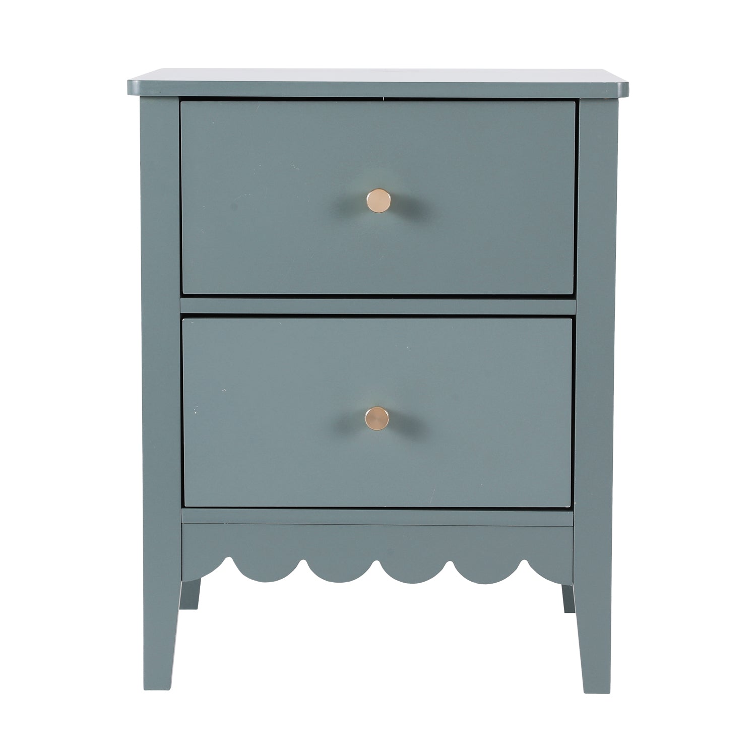 Bedside Table 2 Drawers Bedroom Storage Nightstand Green with metal handles and scalloped base on white background