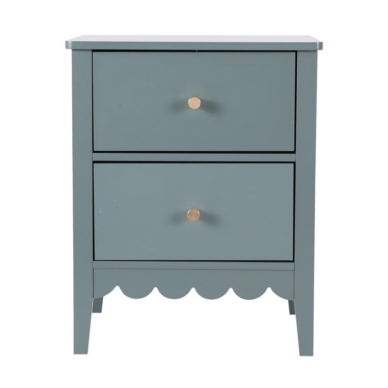 Bedside Table 2 Drawers Bedroom Storage Nightstand Green with metal handles and scalloped base on white background