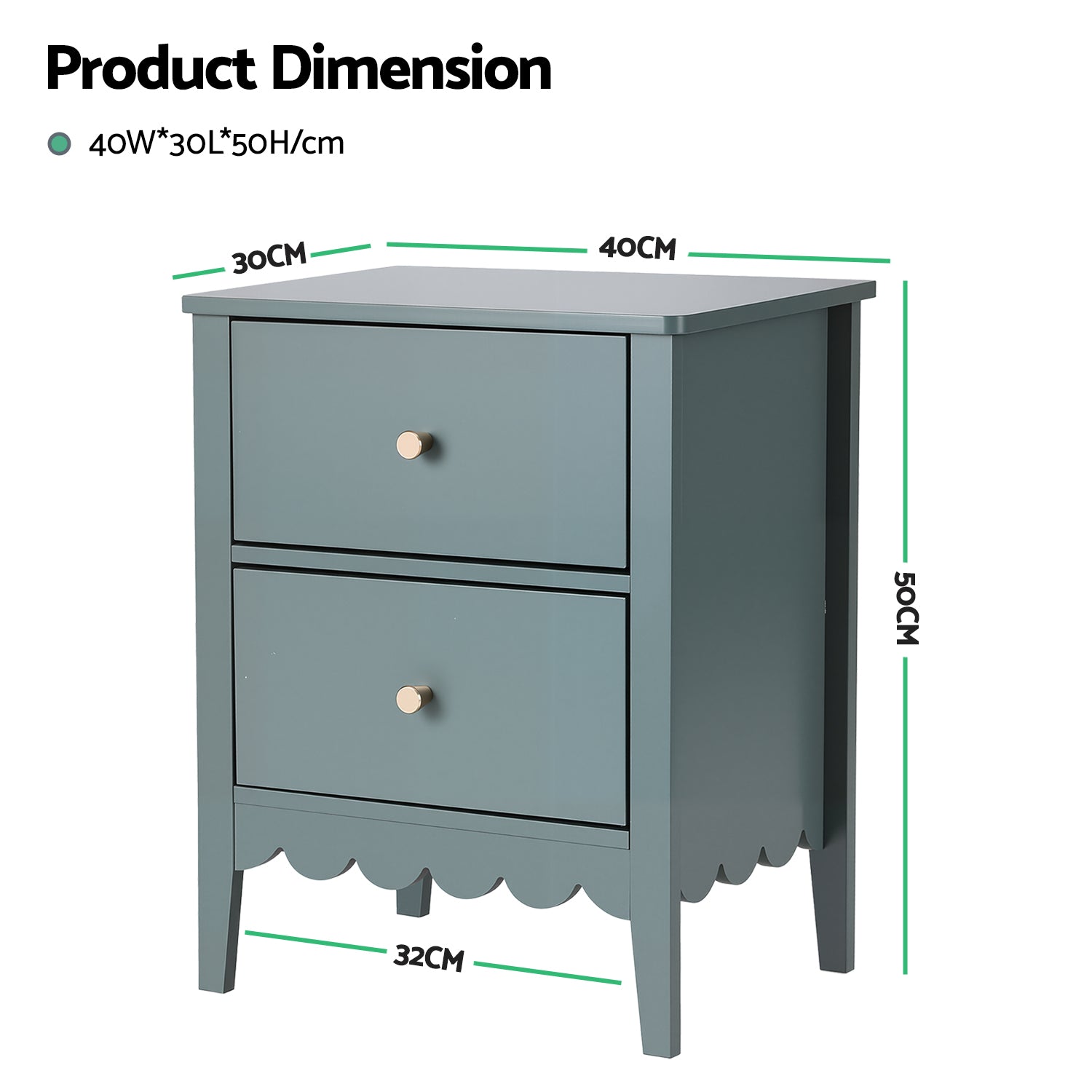 Bedside Table 2 Drawers Bedroom Storage Nightstand Green with metal handles, scalloped base, and compact design for bedroom furniture