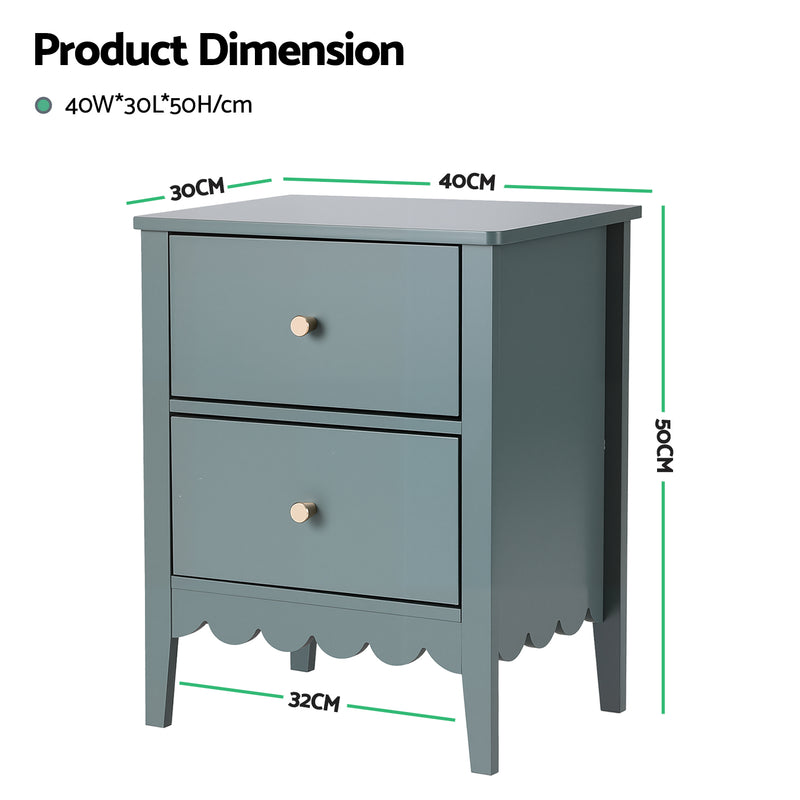 Bedside Table 2 Drawers Bedroom Storage Nightstand Green with metal handles, scalloped base, and compact design for bedroom furniture