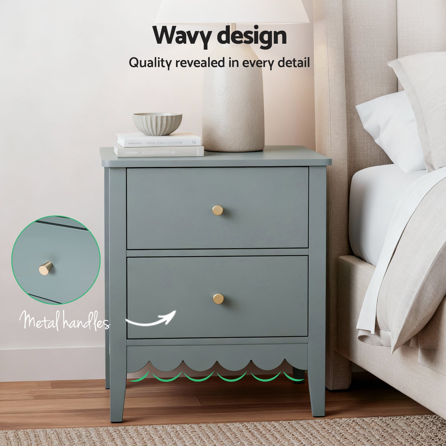 Bedside Table 2 Drawers Bedroom Storage Nightstand Green with metal handles and wavy design on a wooden floor next to bed