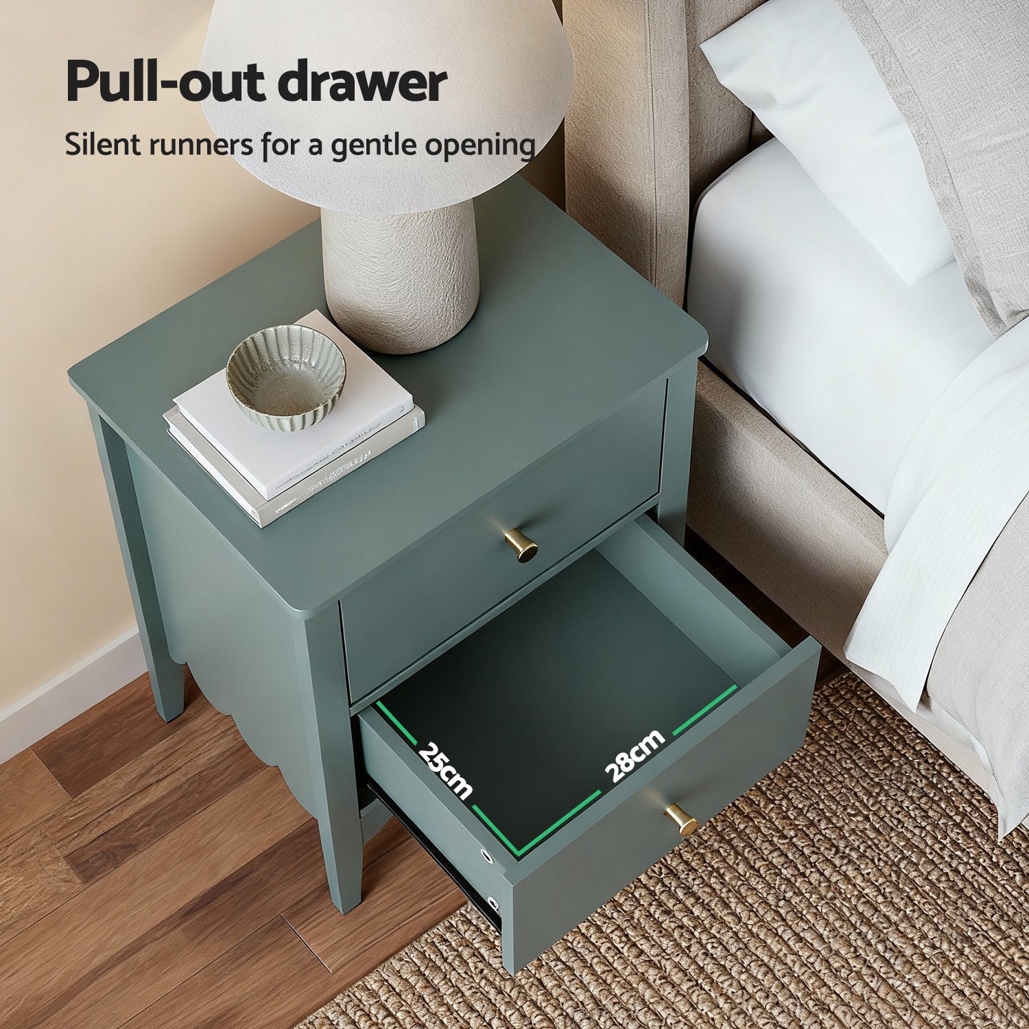 Bedside Table 2 Drawers Bedroom Storage Nightstand Green