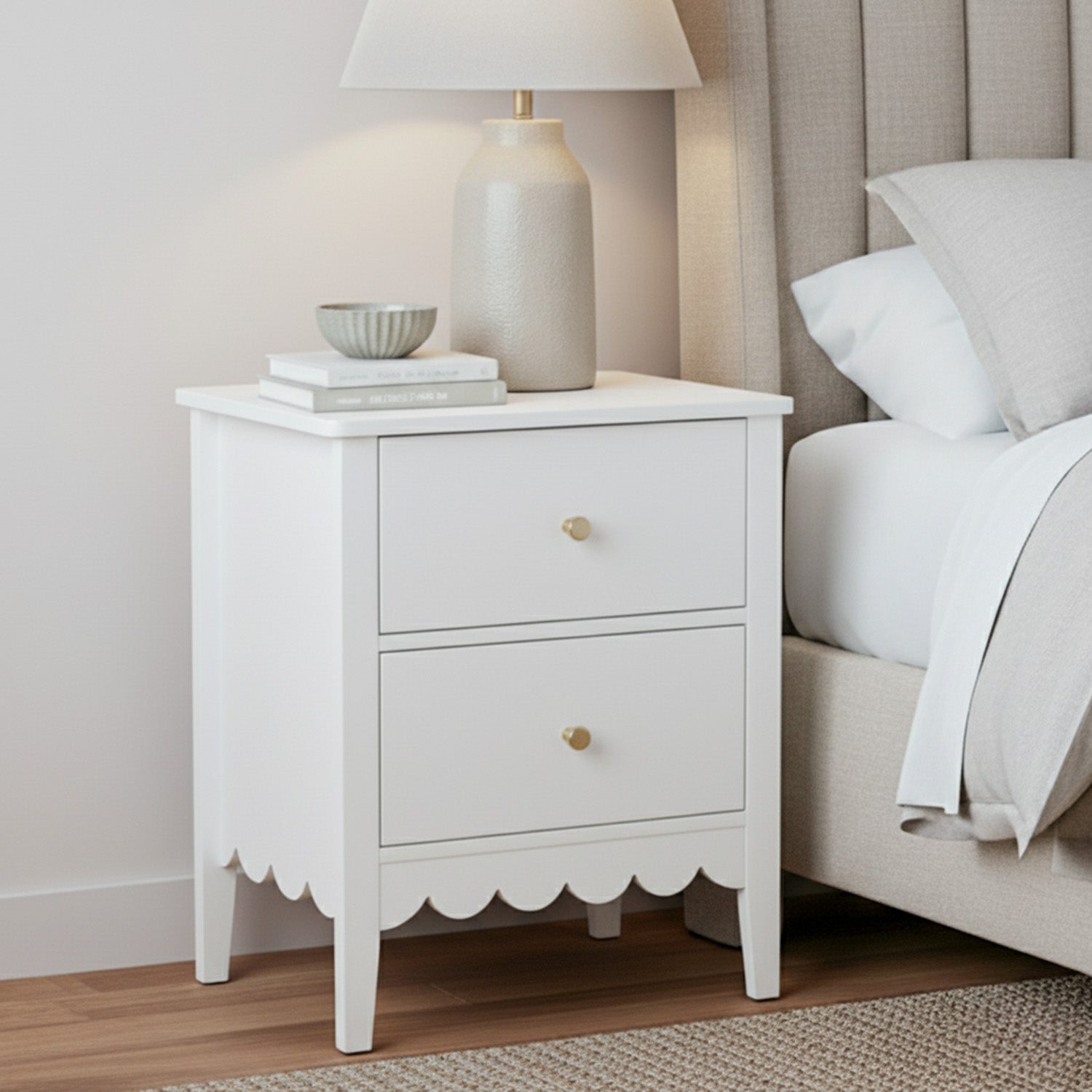 Bedside Table 2 Drawers Bedroom Storage Nightstand White with scalloped detail, metal handles, and styled with lamp and books
