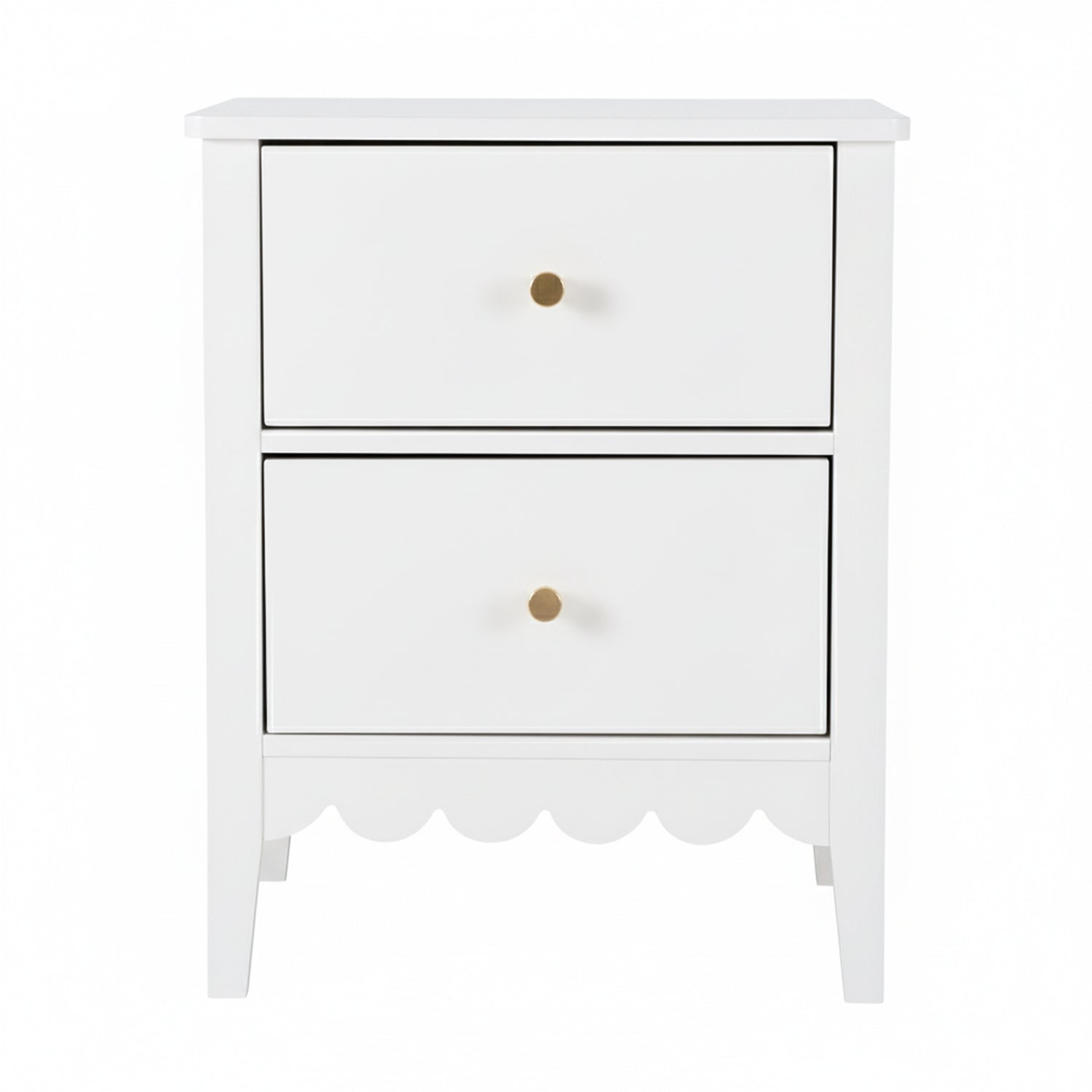 Bedside Table 2 Drawers Bedroom Storage Nightstand White with gold handles and scalloped base on white background
