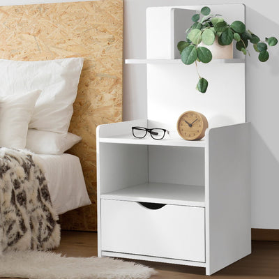 White Bedside Table Cabinet Shelf Display Drawer Side Nightstand Unit Storage with open shelf, drawer, and decorative items on top